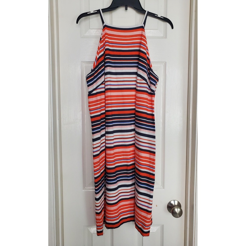 Tommy Hilfiger Dress Orange Striped Linen Blend Halter Neck Summer Sheath 12